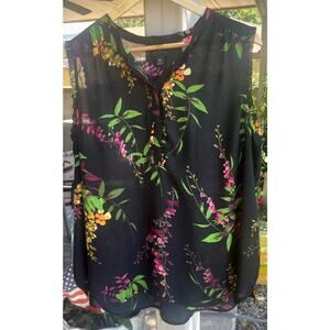 Worthington Sleeveless Black Floral Button Tank Blouse Size XL Ruffle